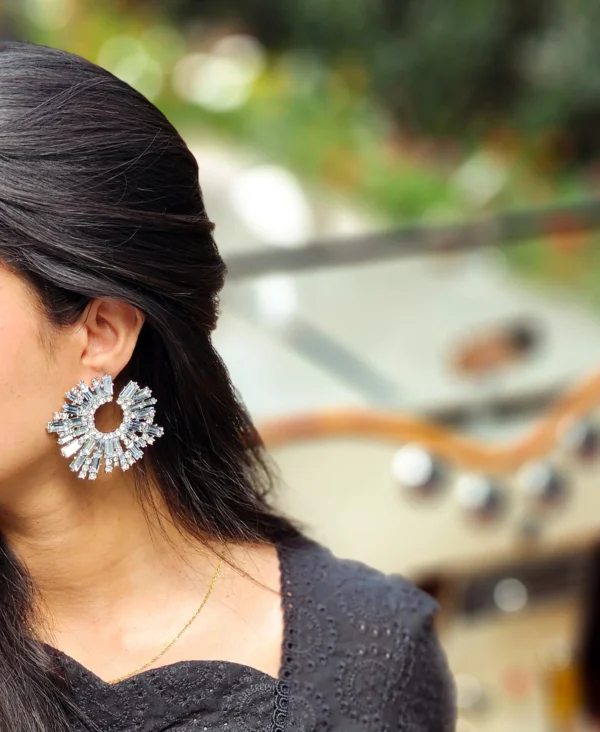Silver Circular Crystal Stud Earrings – Radiant Finish - Image 2
