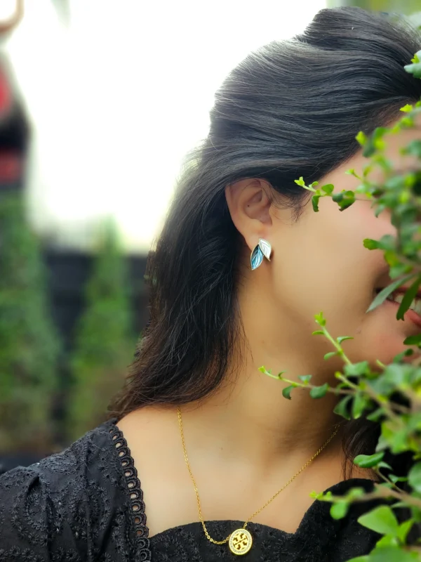 Pastel Dual Leaf Earrings – Gold Enamel Design - Image 2