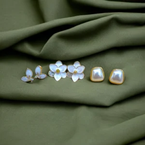 Pearl and enamel flower stud earrings – delicate artificial jewellery set for women.