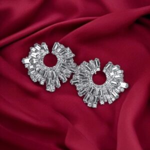 Round silver stud earrings with baguette crystals – radiant artificial jewellery for women.