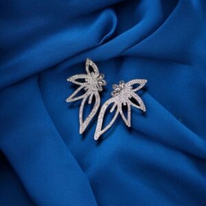 Silver leaf design crystal earrings – artificial statement jewellery for Pakistani weddings.